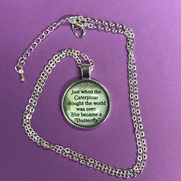 Chuang Tzu Butterfly Quote Silver Pendant Necklace - Picture 2 of 5